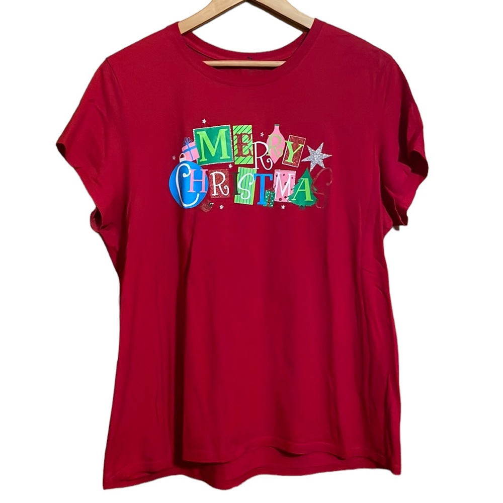 •UNBRANDED•"MERRY CHRISTMAS" GLITTERY GRAPHIC SHORT SLEEVE T-SHIRT SIZE XXL EUC